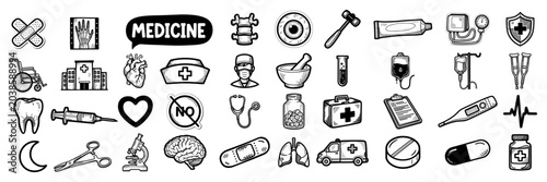 Cuadro en lienzo Medical and healthcare icons mega set, hospital equipment doctor nurse and pharm