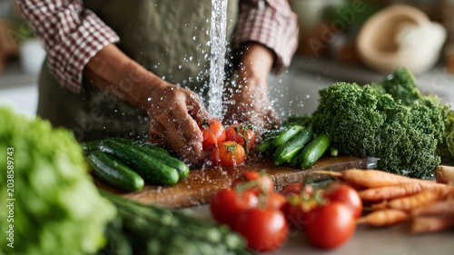 woman washing fresh vegetables in sunny kitchen, healthy meal preparation concept