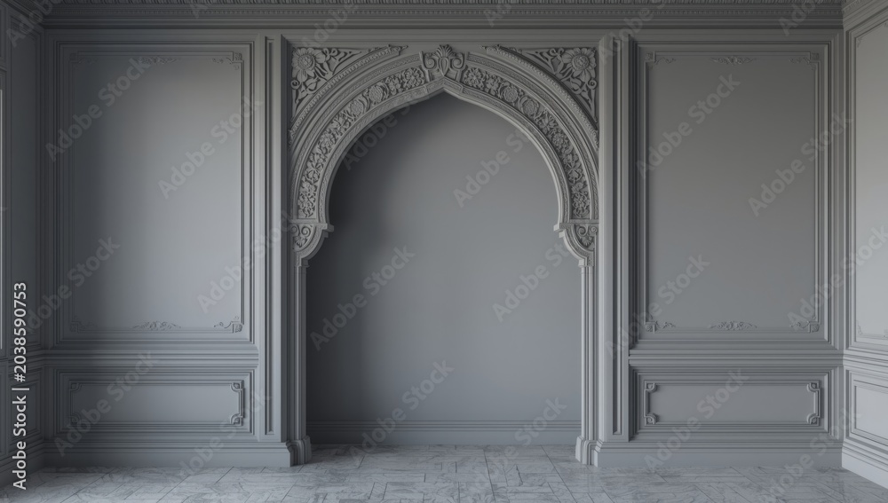 Fototapeta premium Gray and white traditional room elevated by a prominently carved decorative arch