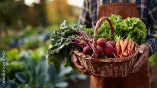farmer holding basket of fresh vegetables in garden, harvest season atmosphere