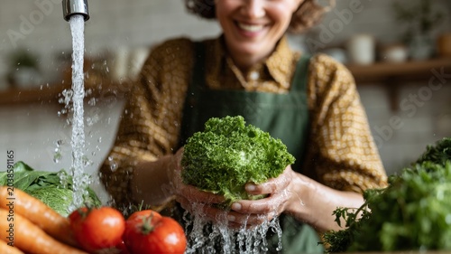 woman washing fresh vegetables in sunny kitchen, healthy meal preparation concept