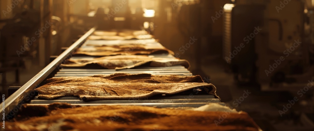 Fototapeta premium Cowhide hides on factory conveyor belt bathed in warm light with ample copy space behind