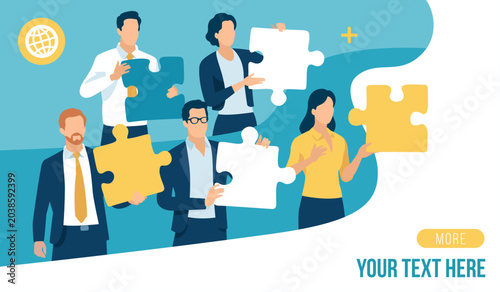 Piecess of Success. People holding puzzle elements. The concept of teamwork, solving problems. Vector illustration.
