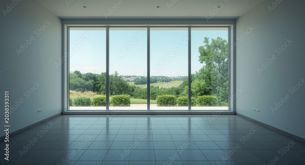 Fototapeta premium Empty room with clear glass window and tiled flooring overlooking garden landscape