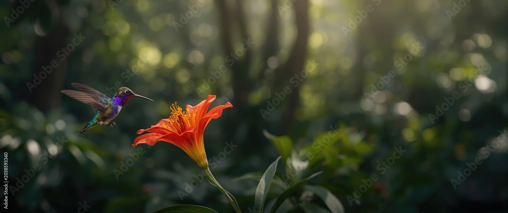 Fototapeta premium Flying hummingbird approaching a bright orange blossom in front of rich forest