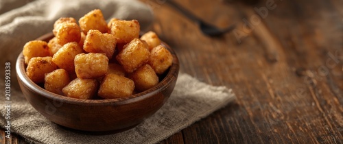 Golden fried potato bites known as tater tots with copy space