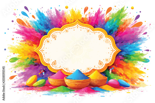 Vibrant Holi Festival Day background with colorful powder splashes and Happy Holi text in a festive style. Indian Spring celebration vector illustration with bright pigments for greetings.