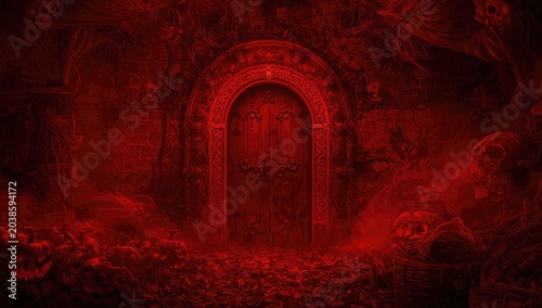 Digital concept of a hell doorway surrounded by a terrifying Halloween backdrop