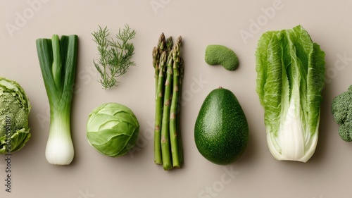minimalist composition of green vegetables on neutral background