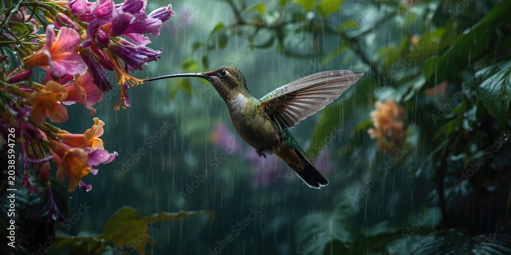 Fototapeta premium Green Hermit hummingbird active in a tropical jungle during drenching rain feeding on abundant flowers