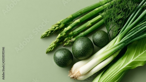 minimalist composition of green vegetables on neutral background