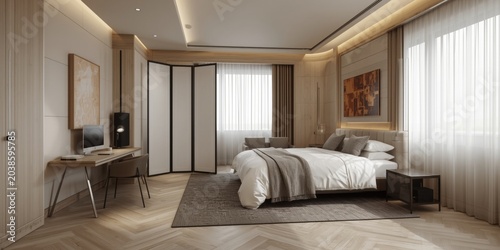 Contemporary workspace and bed area in a bright, modern room with folding screen