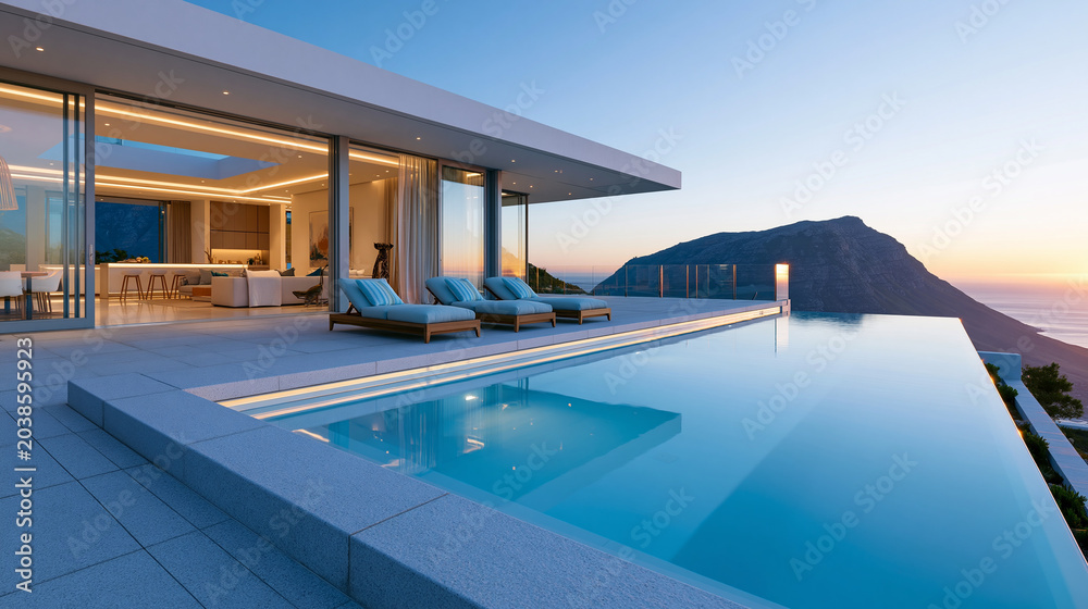 Fototapeta premium Stunning modern luxury villa at sunset with floor-to-ceiling glass walls, a sleek infinity pool, and panoramic coastal mountain views, with copy space