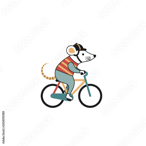 Cute cartoon mouse riding a bicycle, wearing a helmet and striped shirt