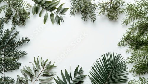 Collection of green leaves including fern juniper olive palm and eucalyptus flat laid on white backdrop with copy space