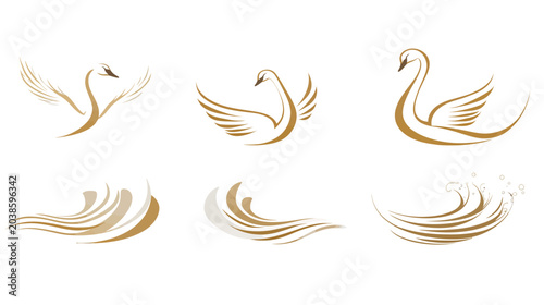 Collection of stylized swans and wave patterns in warm gold tones against a white background