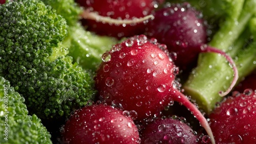 close-up of water drops on fresh vegetables, crisp produce detail, macro food photography