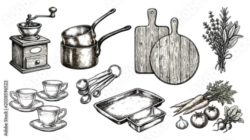 Schilderij op canvas Vintage kitchen utensils and cooking ingredients set, hand drawn sketch of cast