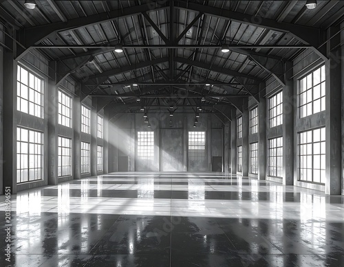 A large empty warehouse with shiny floor and arched roof