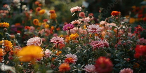 Colorful blooms from a home garden as a lively background