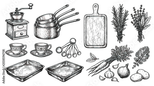 Cuadro en lienzo Vintage kitchen utensils and cooking ingredients set, hand drawn sketch of cast