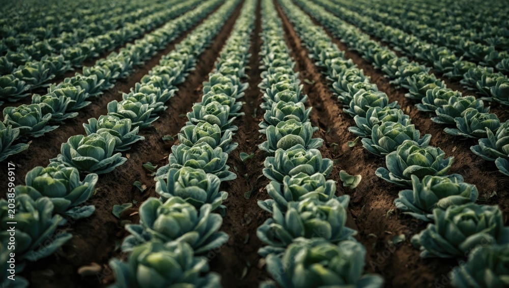 Fototapeta premium Healthy cabbage crops growing uniformly in cultivated field