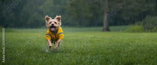 Excited canine in rain jacket bounding over verdant lawn space on a drizzly day