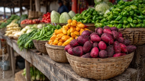 vegetable market stand overflowing with colorful produce, authentic local farming atmosphere