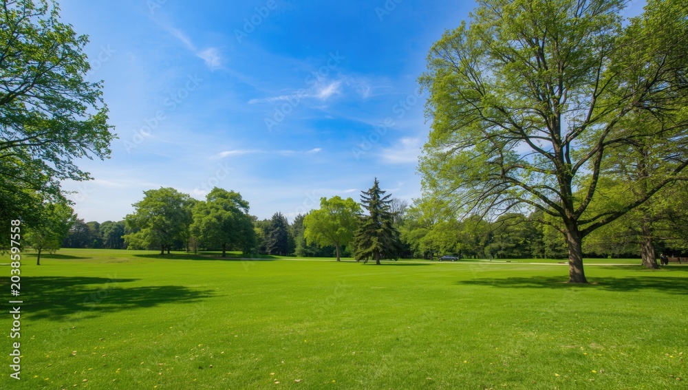 Obraz premium Expansive view of a green park featuring various trees and an open grassy meadow under bright blue sky with copy space