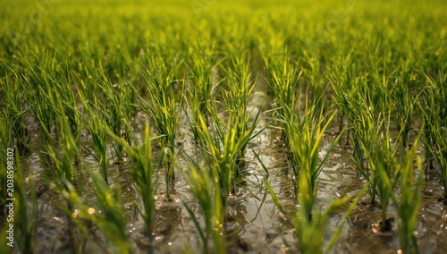 Green rice seedlings rooted in a wet paddy illustrating beginning of planting cycle for farming