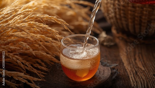 Freshly brewed Japanese sake poured beside ripe rice stalks harvest