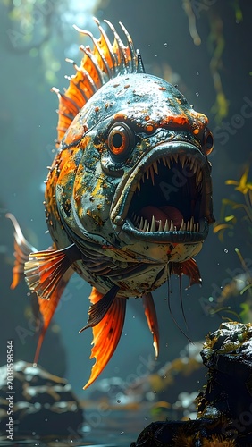 A large fish with an open mouth swims near underwater rocks