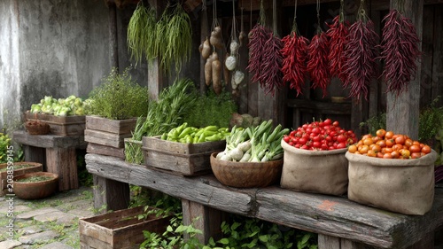 vegetable market stand overflowing with colorful produce, authentic local farming atmosphere
