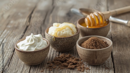 Collection of natural sweeteners in bowls featuring frosting honey and dark brown sugar