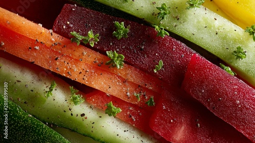 macro shot of sliced fresh vegetables, vivid colors and textures