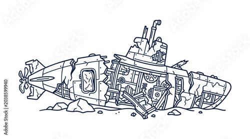 Photos Damaged Submarine Wreckage on Seabed Illustration.