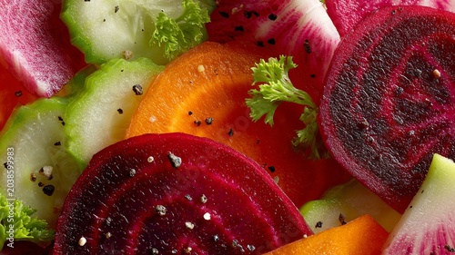 macro shot of sliced fresh vegetables, vivid colors and textures