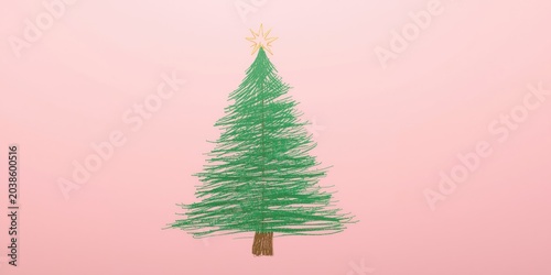 Hand drawn green Christmas tree on a soft pastel backdrop with clear copy space