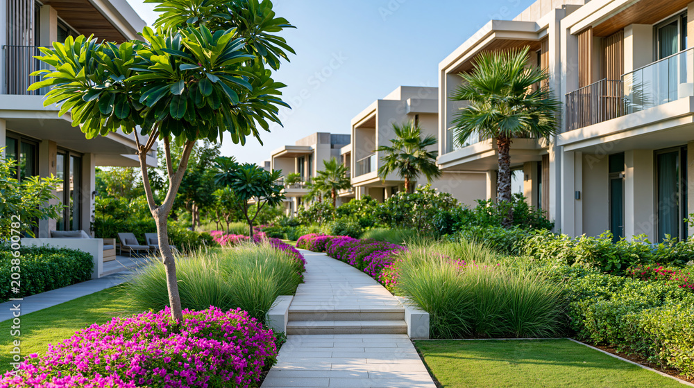 Fototapeta premium Luxury resort with modern villas set in lush gardens and beautiful landscaping under a spacious open sky, hospitality property concept, with copy space