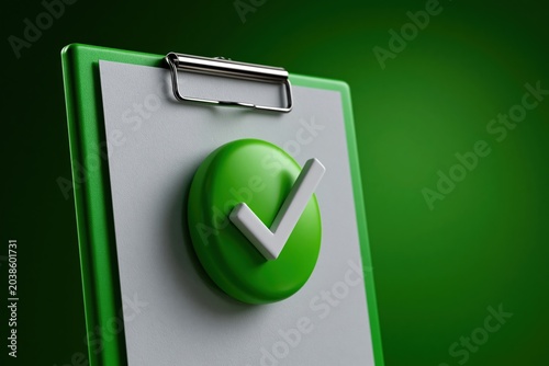 Green circular button with white check on clipboard for app interface icon and user interface background use