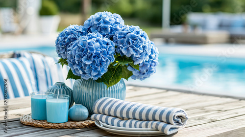 Wooden outdoor dining table with blue hydrangeas, scented candles, and modern decor against a luxury poolside background, outdoor entertaining concept, with copy space
