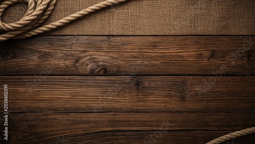 Detailed wooden plank and burlap cloth background showing ship rope and copy space