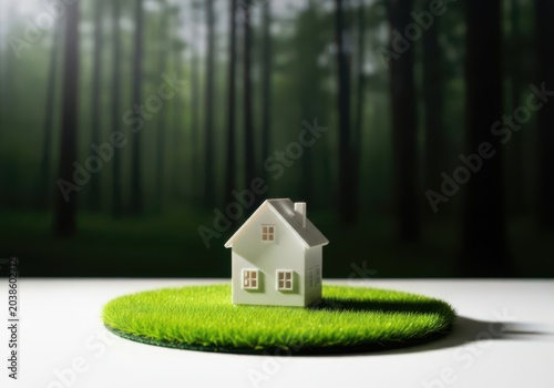 Miniature house on green grass patch in forest