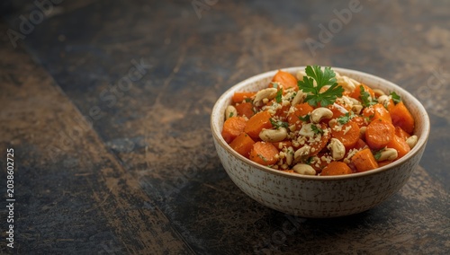 Delicious Moroccan carrot and nut salad served in a textured ceramic bowl