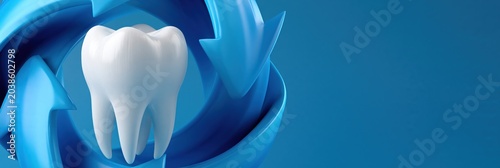 Isolated molar surrounded by blue circular arrows on blue background for oral care wallpaper and dental clinic poster design