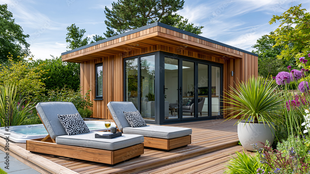 Fototapeta premium Contemporary garden room with cedar cladding and large sliding doors connecting to a wooden outdoor deck with a hot tub and lounge chairs, with copy space