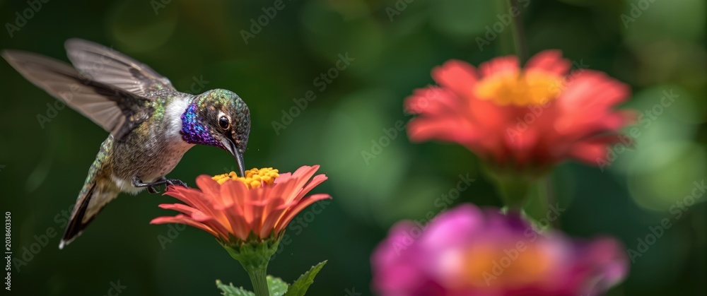 Fototapeta premium Close up of Anna's Hummingbird feeding on vibrant flowers in natural habitat