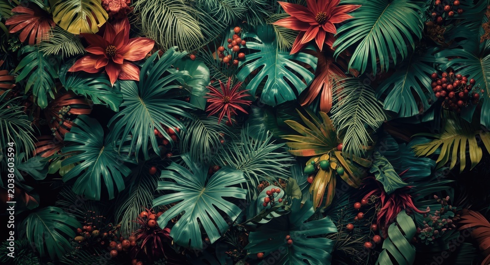 Naklejka premium colorful wallpaper featuring diverse tropical foliage