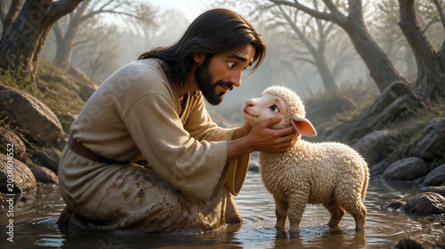 Jesus found the lost sheep. Biblical concept religious theme. 3d art cartoon illustration.