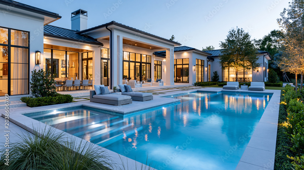 Fototapeta premium Elegant modern mansion at dusk with a pool, outdoor seating, and lush landscaping, luxury real estate concept, with copy space